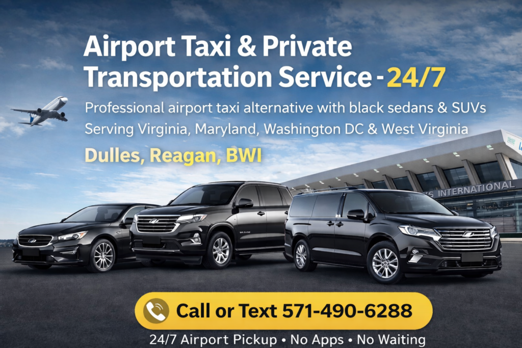 Airport taxi service & Private Transportation Black Sedans & SUVs at Dulles (IAD), Reagan (DCA) , BWI Airports Serving Virginia , Maryland , Washington DC & West Virginia
