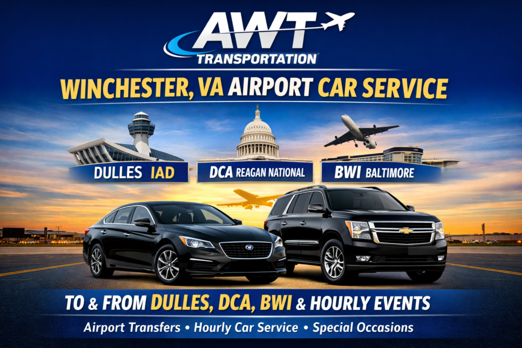 Winchester VA Airport car service To & From Dulles(IAD), Reagan (DCA), BWI Airports black Sedans & SUVs