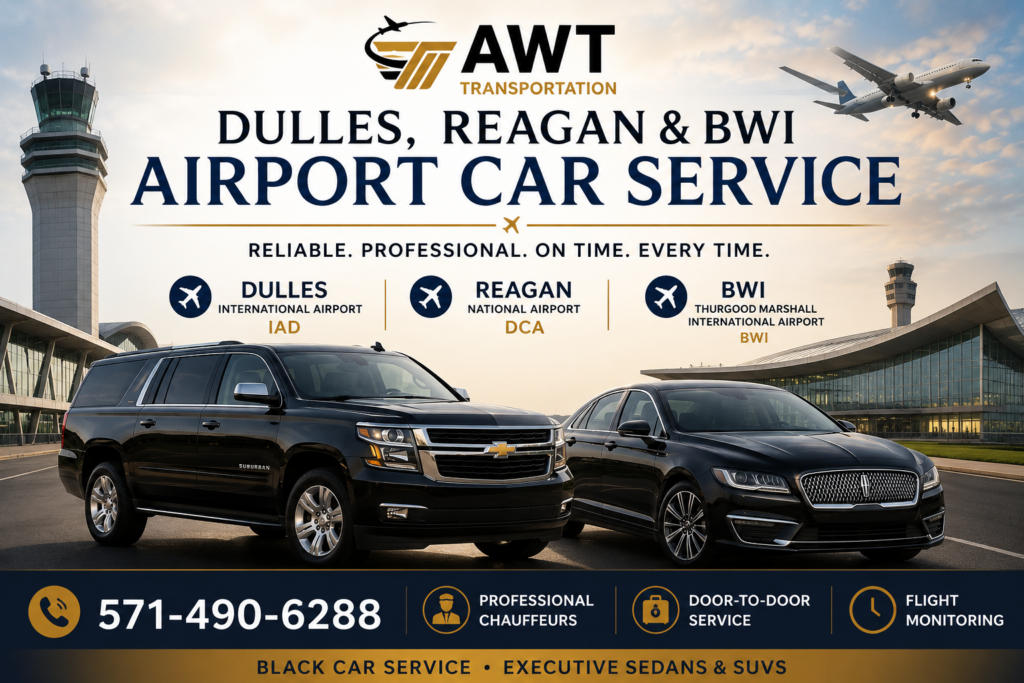 Dulles Reagan BWI Airport Car Service with Black SUV and Sedan
